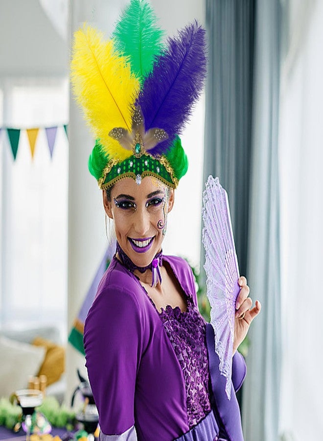 Wehhbtye 2Pcs Large Mardi Gras Feather Headband, Purple Yellow Green Masquerade Headdress, Colorful Flapper Party Headwear with Sequins for Women Girls Parade Costume Cocktail Party Supplies - Image 4